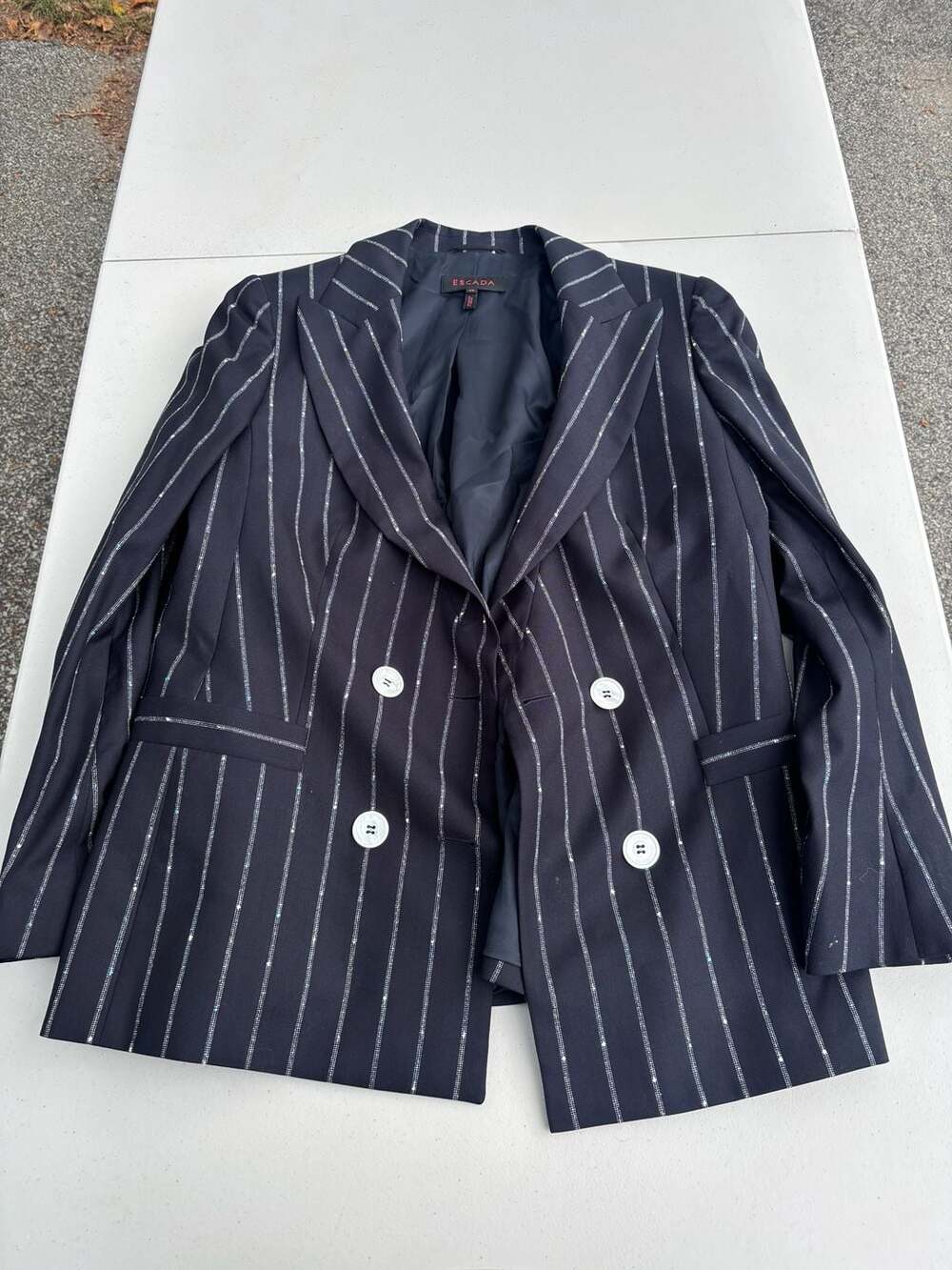 Vintage Escada Double Breasted Pinstripe Blazer Size 42 Black Crystal Striped